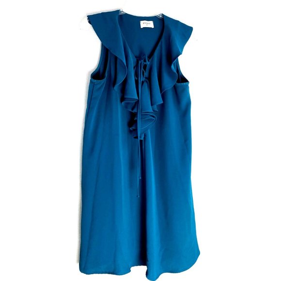 Everly Ruffled Tie Front V Neck Dress Sleeveless Mini Shift Teal Sz: M Polyester - Picture 1 of 8